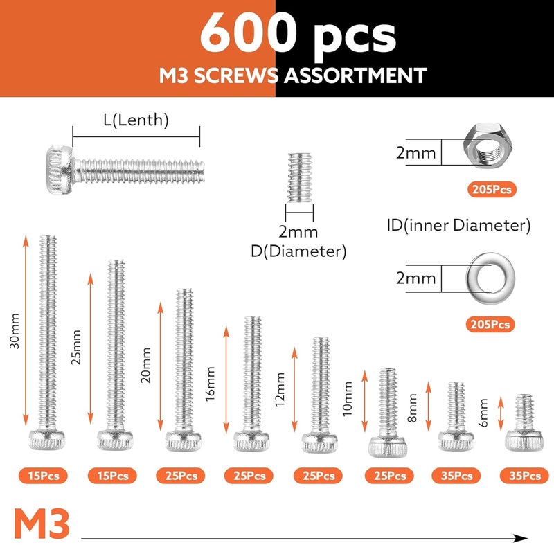 Hapric 600 Pcs M3 Screws Assortment Kit Metric Screw Kits Nuts and Bolts Assortment Kit M3 x 6mm /8mm /10mm /12mm /16mm /20mm /25mm/30mm Metric Machine Screw Kit (304 Stainless Steel Hex Socket Head) - Image 2